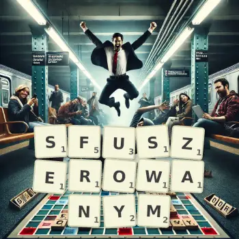 Kreatywna ilustracja do gry w Scrabble ze słowem SFUSZEROWANYM ułożonym z płytek na planszy.