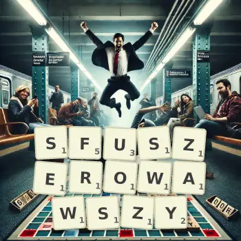 Kreatywna ilustracja do gry w Scrabble ze słowem SFUSZEROWAWSZY ułożonym z płytek na planszy.