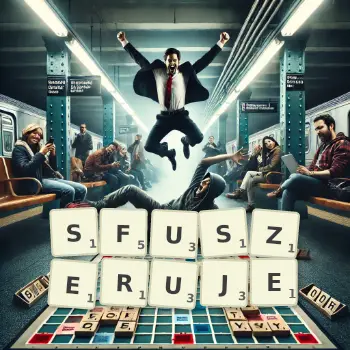Kreatywna ilustracja do gry w Scrabble ze słowem SFUSZERUJE ułożonym z płytek na planszy.