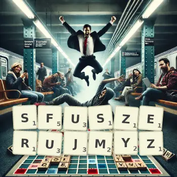 Kreatywna ilustracja do gry w Scrabble ze słowem SFUSZERUJMYZ ułożonym z płytek na planszy.