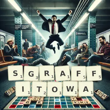 Kreatywna ilustracja do gry w Scrabble ze słowem SGRAFFITOWA ułożonym z płytek na planszy.