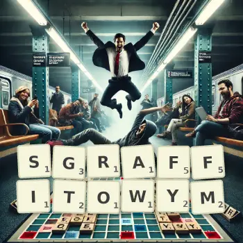 Kreatywna ilustracja do gry w Scrabble ze słowem SGRAFFITOWYM ułożonym z płytek na planszy.