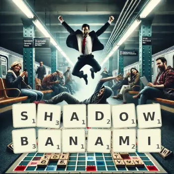 Kreatywna ilustracja do gry w Scrabble ze słowem SHADOWBANAMI ułożonym z płytek na planszy.