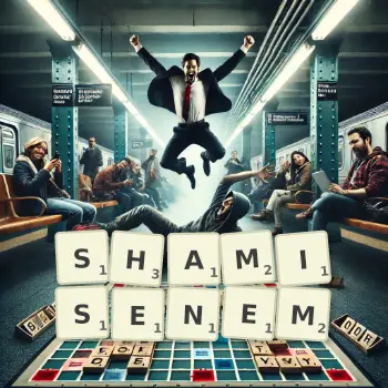 Kreatywna ilustracja do gry w Scrabble ze słowem SHAMISENEM ułożonym z płytek na planszy.