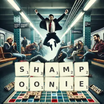 Kreatywna ilustracja do gry w Scrabble ze słowem SHAMPOONIE ułożonym z płytek na planszy.