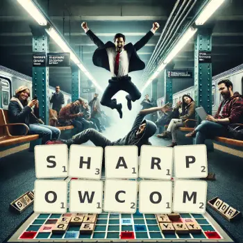 Kreatywna ilustracja do gry w Scrabble ze słowem SHARPOWCOM ułożonym z płytek na planszy.