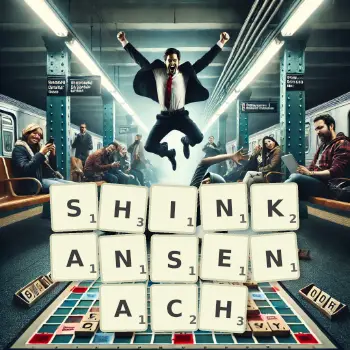 Kreatywna ilustracja do gry w Scrabble ze słowem SHINKANSENACH ułożonym z płytek na planszy.