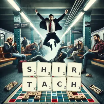 Kreatywna ilustracja do gry w Scrabble ze słowem SHIRTACH ułożonym z płytek na planszy.