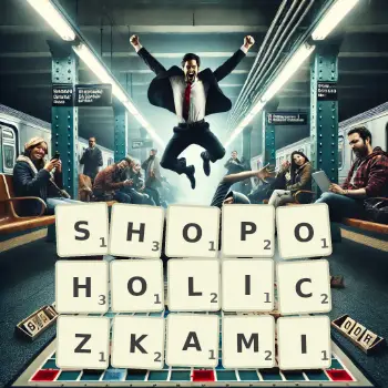 Kreatywna ilustracja do gry w Scrabble ze słowem SHOPOHOLICZKAMI ułożonym z płytek na planszy.