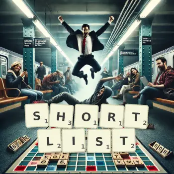Kreatywna ilustracja do gry w Scrabble ze słowem SHORTLIST ułożonym z płytek na planszy.