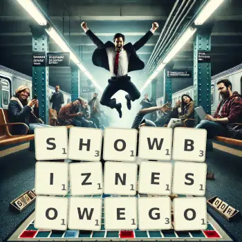 Kreatywna ilustracja do gry w Scrabble ze słowem SHOWBIZNESOWEGO ułożonym z płytek na planszy.