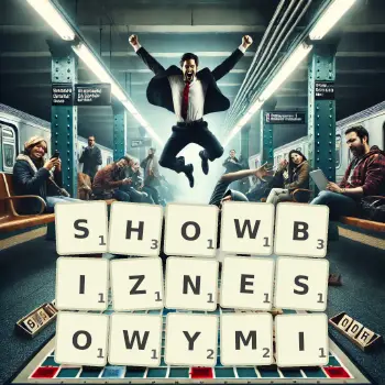 Kreatywna ilustracja do gry w Scrabble ze słowem SHOWBIZNESOWYMI ułożonym z płytek na planszy.
