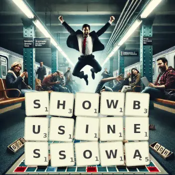 Kreatywna ilustracja do gry w Scrabble ze słowem SHOWBUSINESSOWĄ ułożonym z płytek na planszy.