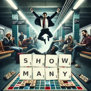 Kreatywna ilustracja do gry w Scrabble ze słowem SHOWMANY ułożonym z płytek na planszy.