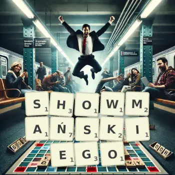 Kreatywna ilustracja do gry w Scrabble ze słowem SHOWMAŃSKIEGO ułożonym z płytek na planszy.