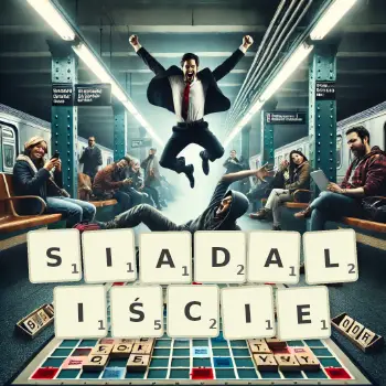 Kreatywna ilustracja do gry w Scrabble ze słowem SIADALIŚCIE ułożonym z płytek na planszy.