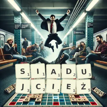 Kreatywna ilustracja do gry w Scrabble ze słowem SIADUJCIEŻ ułożonym z płytek na planszy.