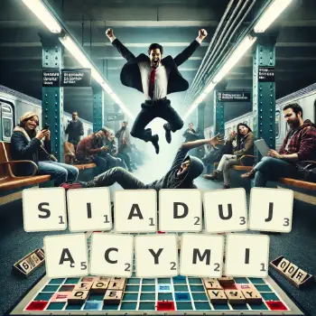 Kreatywna ilustracja do gry w Scrabble ze słowem SIADUJĄCYMI ułożonym z płytek na planszy.