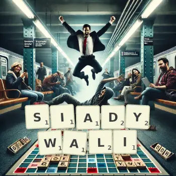 Kreatywna ilustracja do gry w Scrabble ze słowem SIADYWALI ułożonym z płytek na planszy.