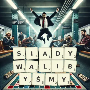 Kreatywna ilustracja do gry w Scrabble ze słowem SIADYWALIBYŚMY ułożonym z płytek na planszy.