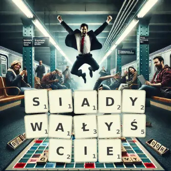 Kreatywna ilustracja do gry w Scrabble ze słowem SIADYWAŁYŚCIE ułożonym z płytek na planszy.