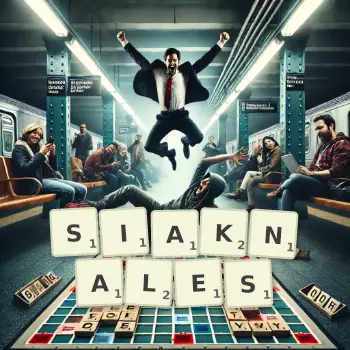 Kreatywna ilustracja do gry w Scrabble ze słowem SIAKNALES ułożonym z płytek na planszy.