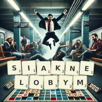 Kreatywna ilustracja do gry w Scrabble ze słowem SIAKNELOBYM ułożonym z płytek na planszy.