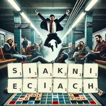 Kreatywna ilustracja do gry w Scrabble ze słowem SIAKNIECIACH ułożonym z płytek na planszy.