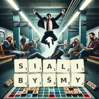 Kreatywna ilustracja do gry w Scrabble ze słowem SIALIBYŚMY ułożonym z płytek na planszy.