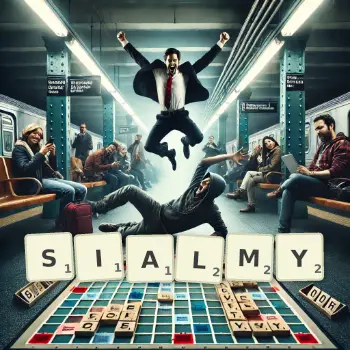 Kreatywna ilustracja do gry w Scrabble ze słowem SIALMY ułożonym z płytek na planszy.