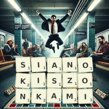 Kreatywna ilustracja do gry w Scrabble ze słowem SIANOKISZONKAMI ułożonym z płytek na planszy.