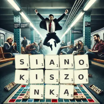 Kreatywna ilustracja do gry w Scrabble ze słowem SIANOKISZONKĄ ułożonym z płytek na planszy.