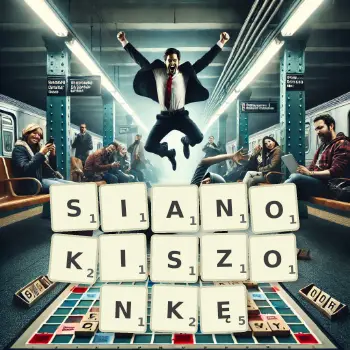 Kreatywna ilustracja do gry w Scrabble ze słowem SIANOKISZONKĘ ułożonym z płytek na planszy.