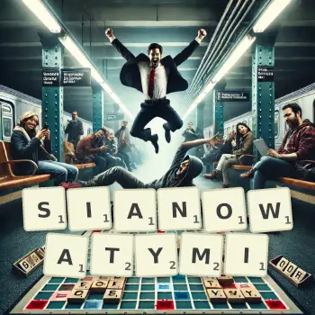 Kreatywna ilustracja do gry w Scrabble ze słowem SIANOWATYMI ułożonym z płytek na planszy.