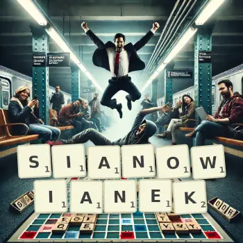 Kreatywna ilustracja do gry w Scrabble ze słowem SIANOWIANEK ułożonym z płytek na planszy.