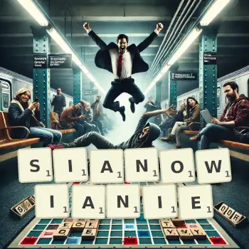 Kreatywna ilustracja do gry w Scrabble ze słowem SIANOWIANIE ułożonym z płytek na planszy.