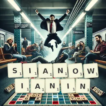 Kreatywna ilustracja do gry w Scrabble ze słowem SIANOWIANIN ułożonym z płytek na planszy.