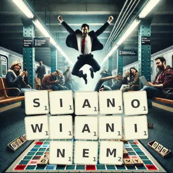 Kreatywna ilustracja do gry w Scrabble ze słowem SIANOWIANINEM ułożonym z płytek na planszy.