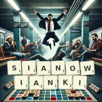 Kreatywna ilustracja do gry w Scrabble ze słowem SIANOWIANKI ułożonym z płytek na planszy.