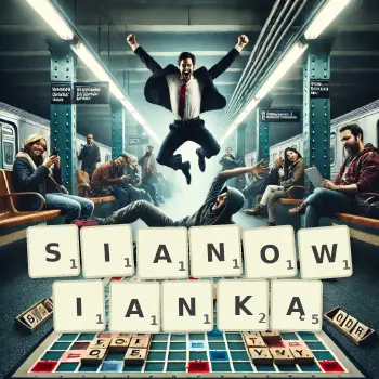 Kreatywna ilustracja do gry w Scrabble ze słowem SIANOWIANKĄ ułożonym z płytek na planszy.