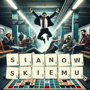 Kreatywna ilustracja do gry w Scrabble ze słowem SIANOWSKIEMU ułożonym z płytek na planszy.