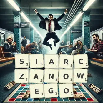 Kreatywna ilustracja do gry w Scrabble ze słowem SIARCZANOWEGO ułożonym z płytek na planszy.