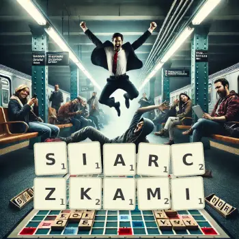 Kreatywna ilustracja do gry w Scrabble ze słowem SIARCZKAMI ułożonym z płytek na planszy.