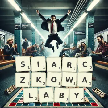 Kreatywna ilustracja do gry w Scrabble ze słowem SIARCZKOWALABY ułożonym z płytek na planszy.