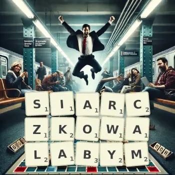 Kreatywna ilustracja do gry w Scrabble ze słowem SIARCZKOWALABYM ułożonym z płytek na planszy.