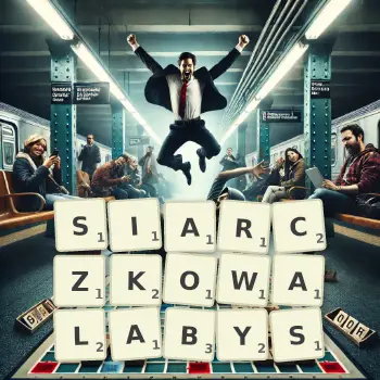 Kreatywna ilustracja do gry w Scrabble ze słowem SIARCZKOWALABYS ułożonym z płytek na planszy.