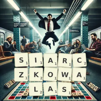 Kreatywna ilustracja do gry w Scrabble ze słowem SIARCZKOWALAS ułożonym z płytek na planszy.