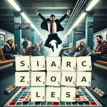 Kreatywna ilustracja do gry w Scrabble ze słowem SIARCZKOWALES ułożonym z płytek na planszy.