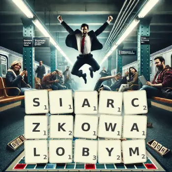 Kreatywna ilustracja do gry w Scrabble ze słowem SIARCZKOWALOBYM ułożonym z płytek na planszy.