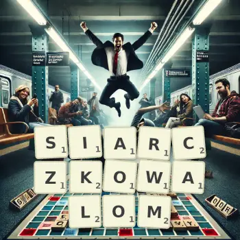 Kreatywna ilustracja do gry w Scrabble ze słowem SIARCZKOWALOM ułożonym z płytek na planszy.